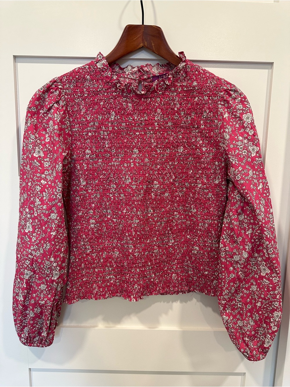J Crew x Liberty London Smocked Floral Blouse in Raspberry Pink w/ Ruffled Neck
